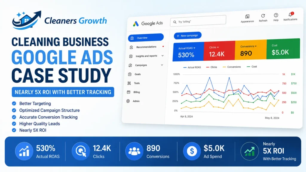 Cleaning business Google Ads case study showing nearly 5X ROI with better tracking