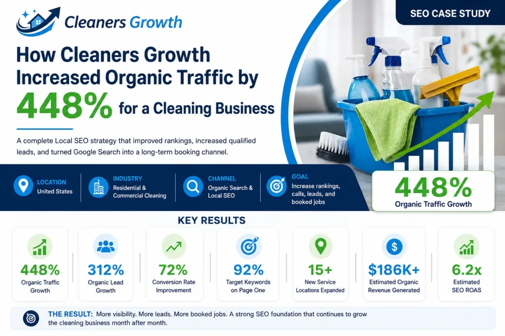 Cleaning business SEO case study showing 448% organic traffic growth by Cleaners Growth